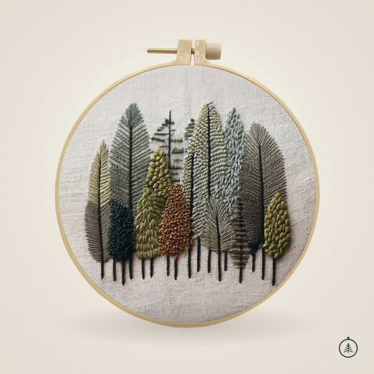 Kit de broderie forêt d'automne pour débutante, tendu dans son cercle en bois
