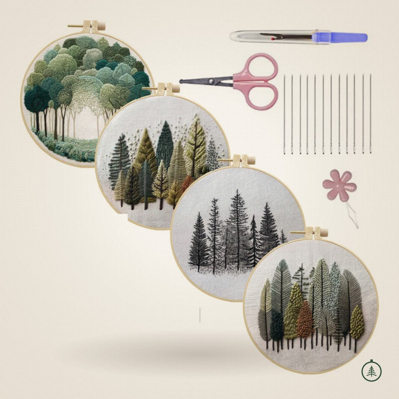 Coffret de 4 kits de broderie forêt, idée cadeau de Noël