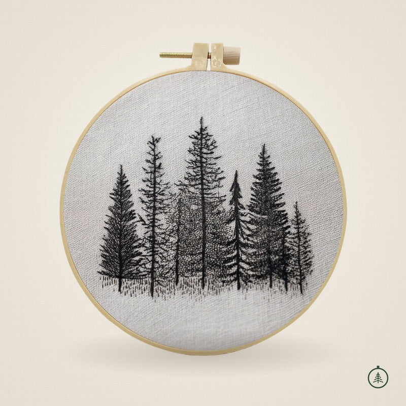 Broderie forêt d'encre terminée et prête à accrocher dans son cercle