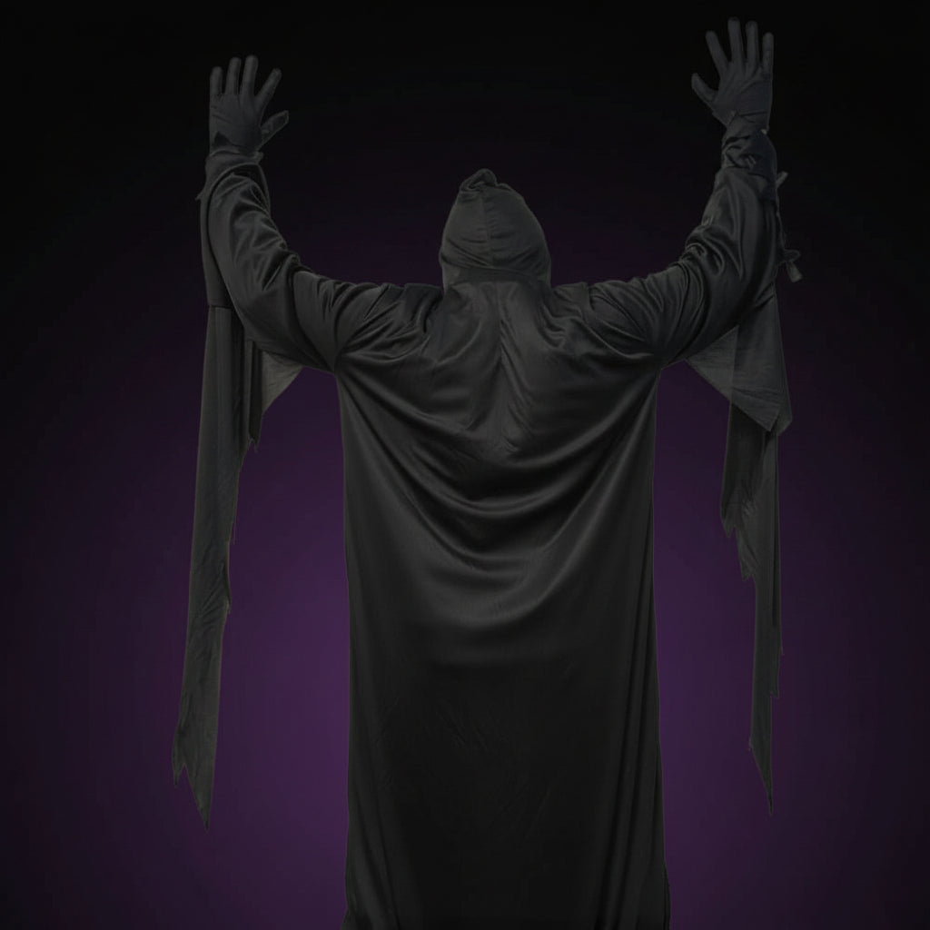 Costume Faucheuse Réaliste — détail du tissu et de la capuche, Halloween Mazzed