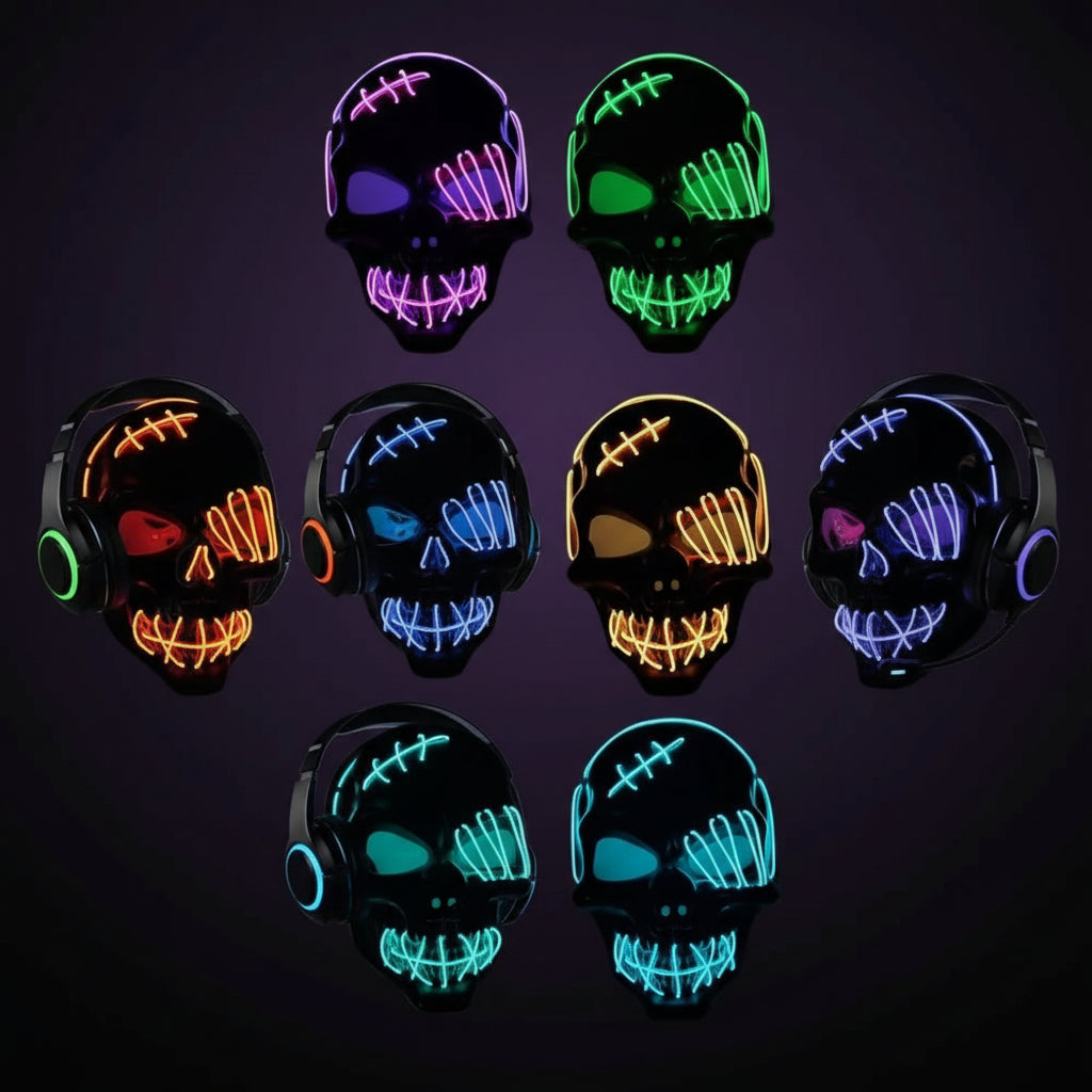 Masque Crâne Squelette Lumineux LED — gamme complète des 9 coloris, Halloween Gothique Mazzed