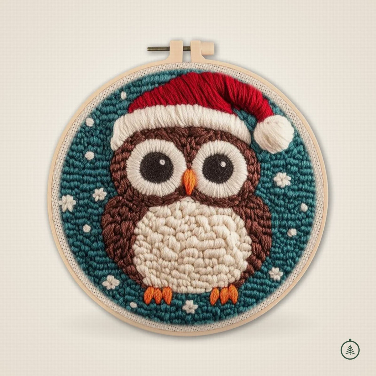 Kit punch needle Hibou de Noël au bonnet rouge, réalisé en laine dans un cercle en bois
