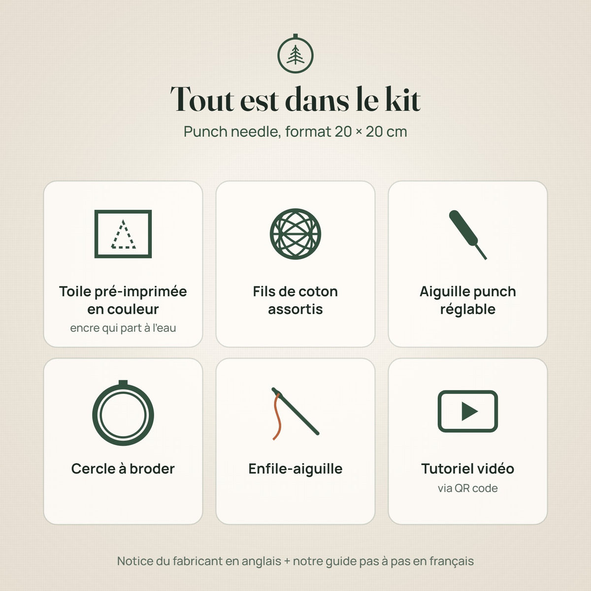 Contenu du kit punch needle : toile pré-imprimée, fils de coton, aiguille punch réglable, cercle et enfile-aiguille